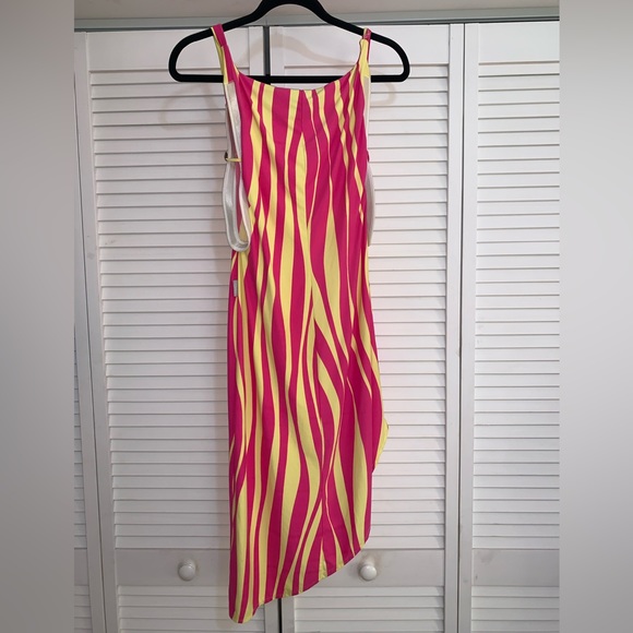 Versace Vintage 90s Asymmetrical Tiger Print MIDI Dress Pink Yellow Y2K small - Picture 9 of 10